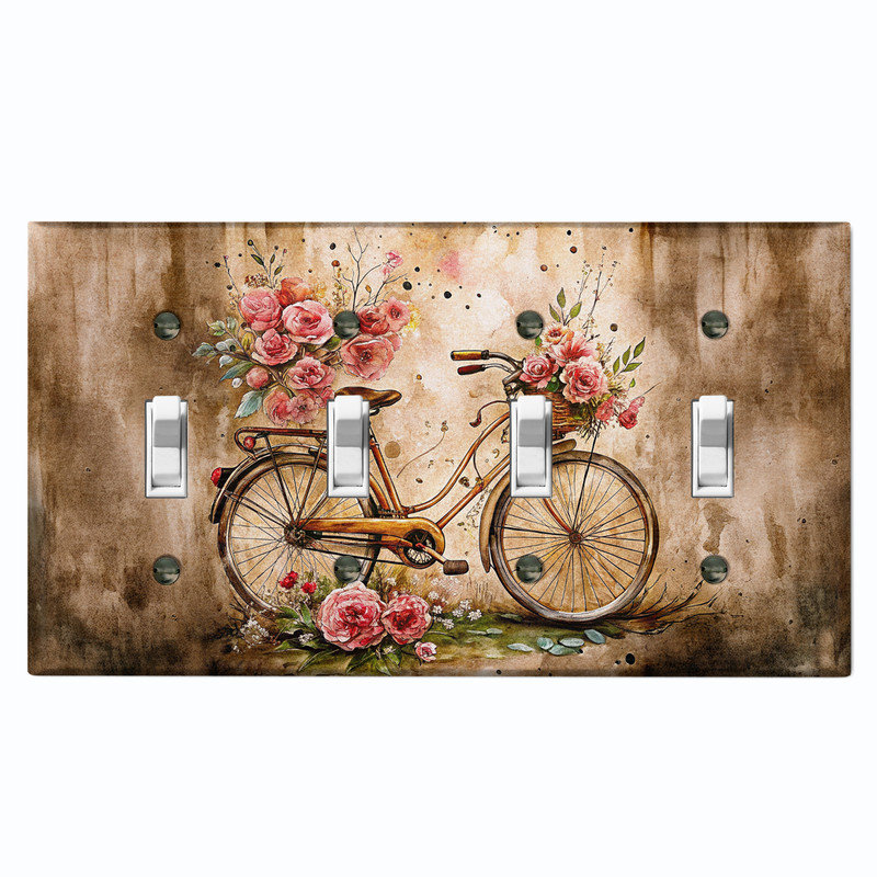 Couvercle de plaque d'interrupteur en métal; Bascule à 4 bandes US standard - Art floral rétro, # 4 Quad bascule