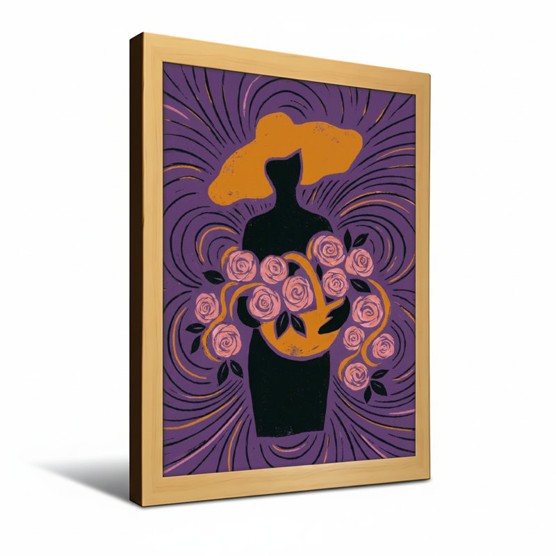 Vase abstrait mauve avec des roses et des tourbillons, H 18 po x l 12 po, Toile tendue, Ne s’applique pas