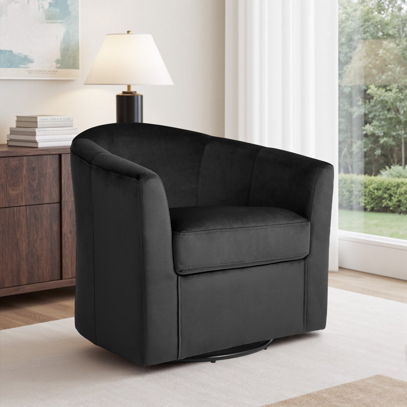  Upholstered Velvet Swivel Barrel Accent Chair with Curved Back, Black