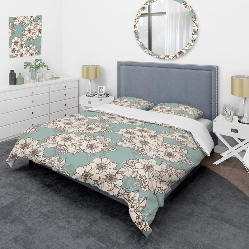 White/Green Microfiber Duvet Cover Set, Queen Duvet Cover + 2 Standard Shams