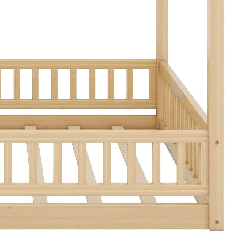 Classic Wood House Bed Frame with Protective Fence, Natural