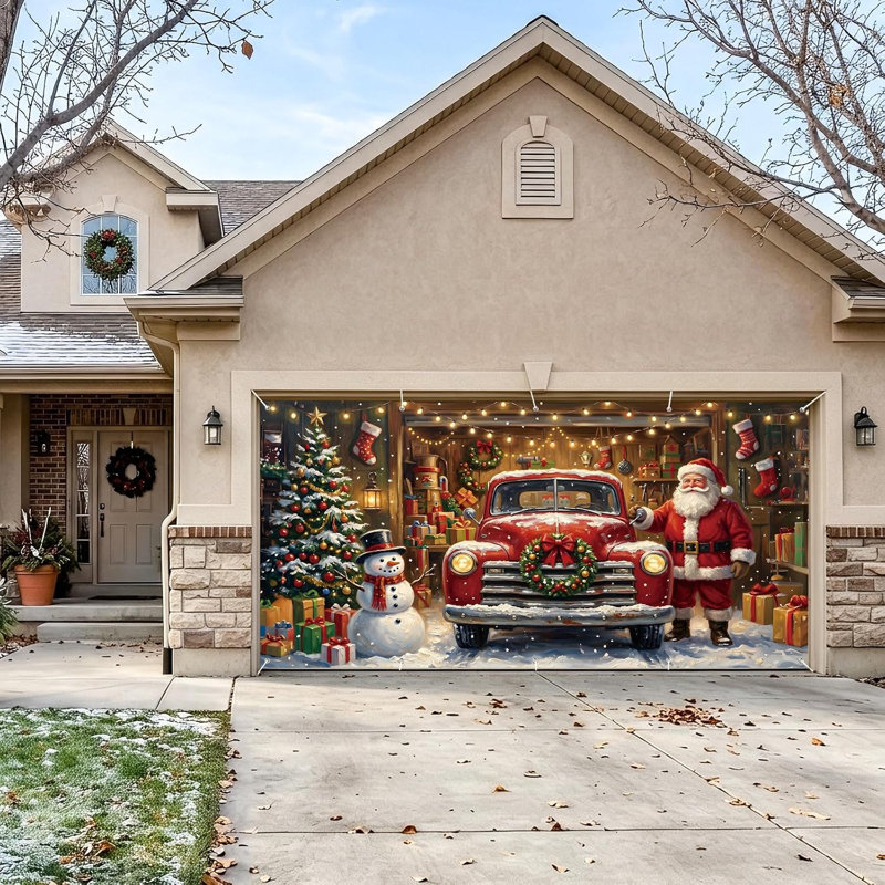 Bannière de porte de garage de Noël de 4,88 m x 2,13 m, camion rouge vintage, décor extérieur pour garage double