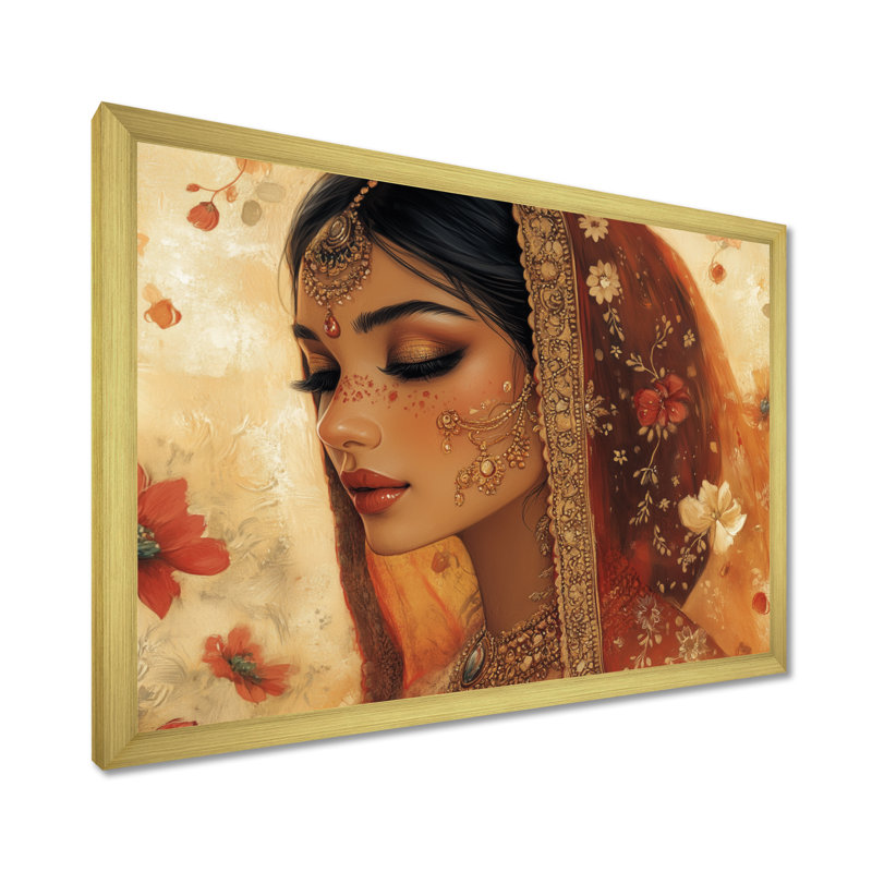 Mariée au henné et à l'or - Tableau encadré de style moghol, H 16 po x l 32 po, Gold Picture Framed