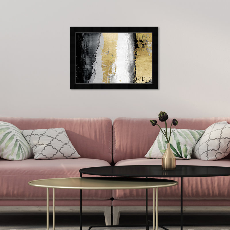 Reproduction d'art encadrée moderne blanc doré pour salon, Cadre noir, H 12 po x l 12 po