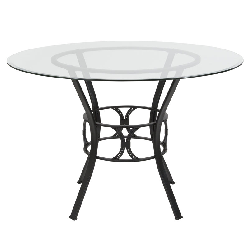 Hardrick 42'' Round Glass Dining Table with Crescent Style Metal Frame, 29.5" H x 45" W x 45" D, Black
