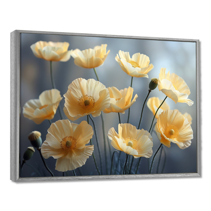 Jaune, gris, coquelicots, magie, merveille I - coquelicots, art mural, Toile argentée avec cadre flottant