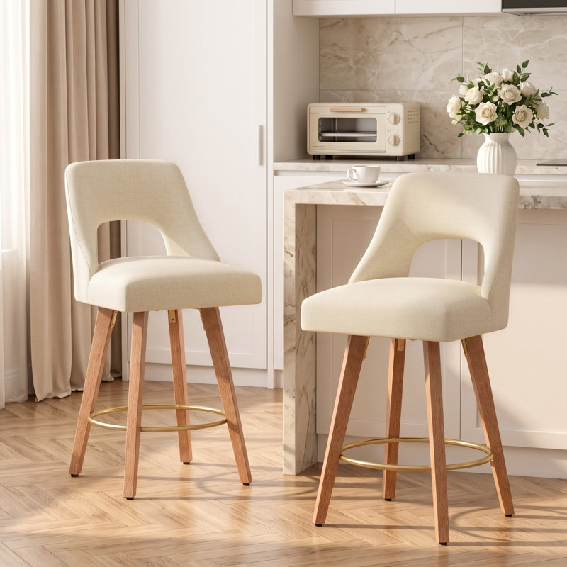 Swivel Linen Upholstered Counter Stool With Solid Wood Frame And Footrest, Tan, 6
