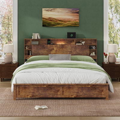 Rustic Wood Platform Bed Frame with Bookcase Storage Headboard, Built-in LED Lights and Charging Station, No Box Spring Needed