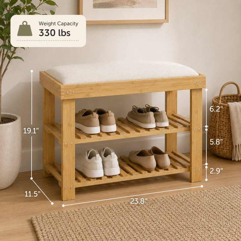 Banc de rangement en bambou pour chaussures avec siège à coussin et support à 3 niveaux pour entrée