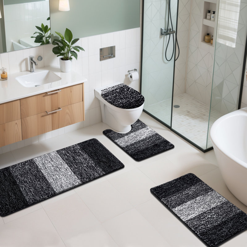 4 Piece Soft Absorbent Microfiber Bath Rug Set with Non-Slip Backing, Black