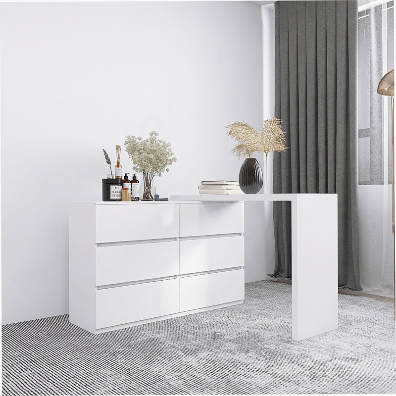 Commode 6 tiroirs à rallonge, sans poignée, meuble-lavabo blanc