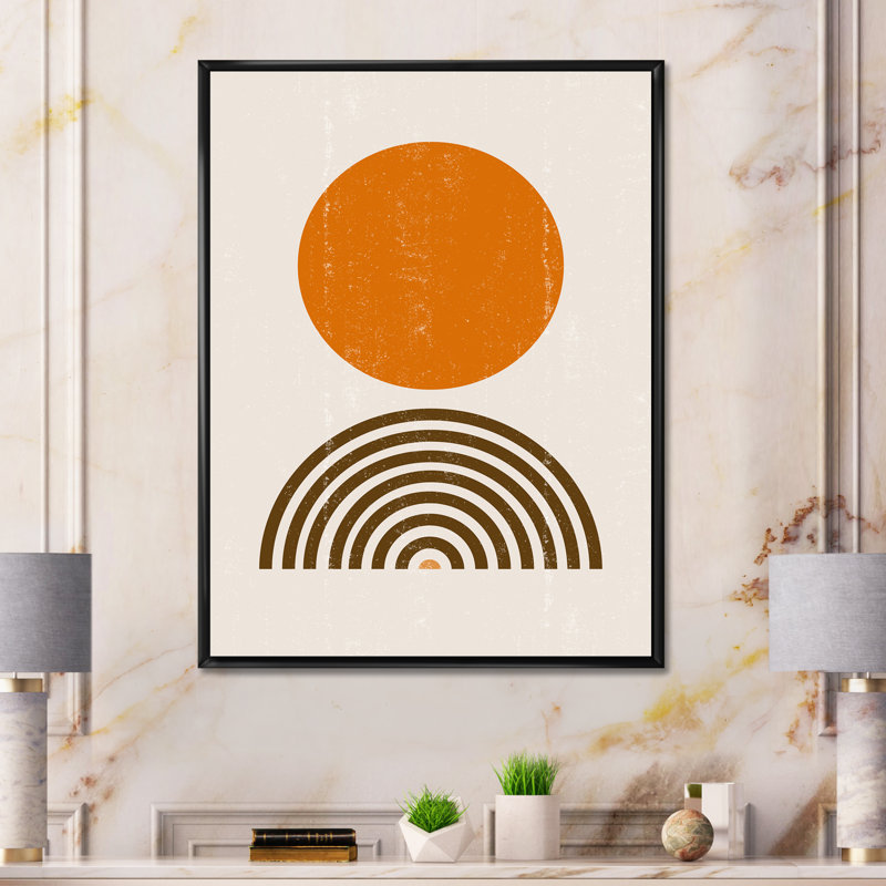 «Abstract Minimal Orange Sun and Rainbow I», cadre flottant, impression sur toile, H 40 po x l 30 po x 1,5 po, Cadre noir