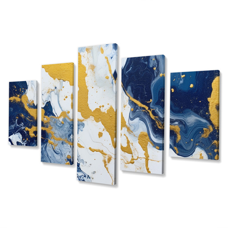 Bleu et or, art abstrait fluide de luxe, impression sur toile, fractales, 5 panneaux