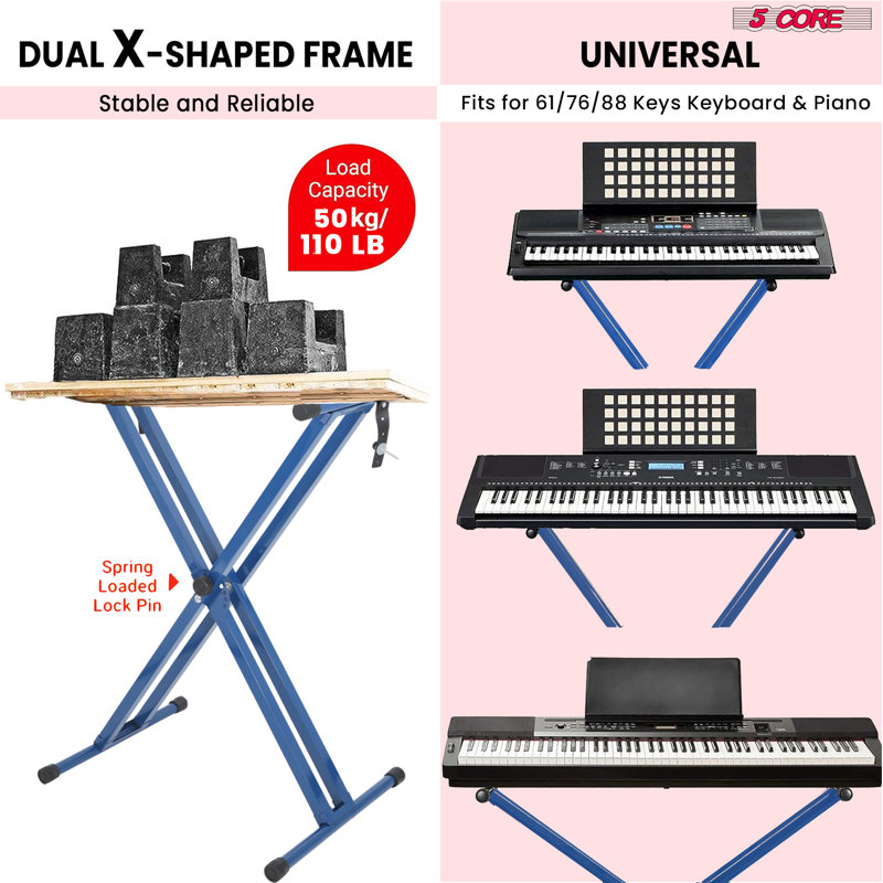 Support pour clavier 5 leviers à double noyau de style X pour 49 à 88 touches - Bleu