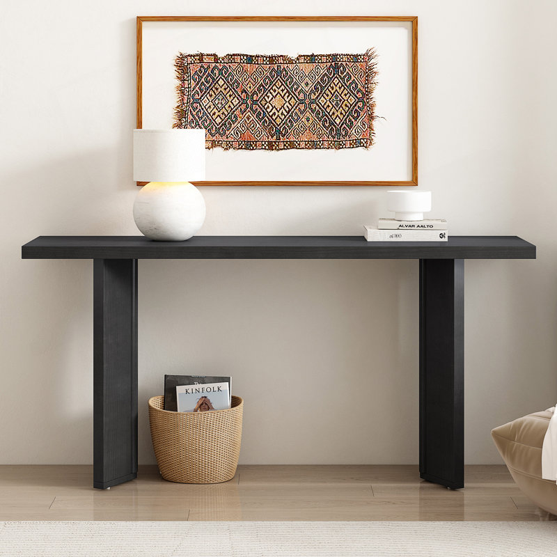 Élégante console avec placage de pin et pieds géométriques, idéale pour le salon, le bureau et la salle à manger, Noir