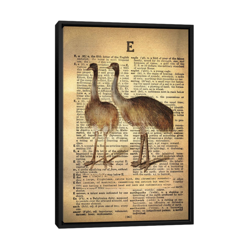 «E - Emu», impression sur toile tendue, H 26 po x l 18 po x P 1,5 po, Toile avec cadre flottant noir, Pas de tapis