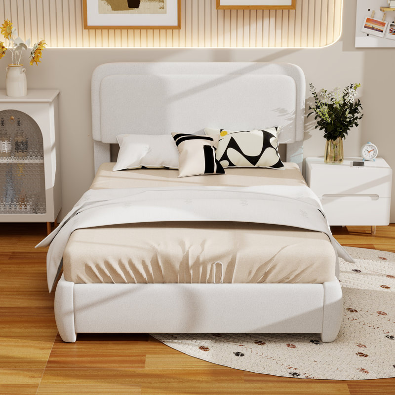 Structure de lit double Boucle avec tête de lit à hauteur réglable, lit plateforme moderne avec tête de lit courbée, lit plateforme élégant en tissu à profil bas Boucle, aucun sommier requis, assemblage facile, blanc
