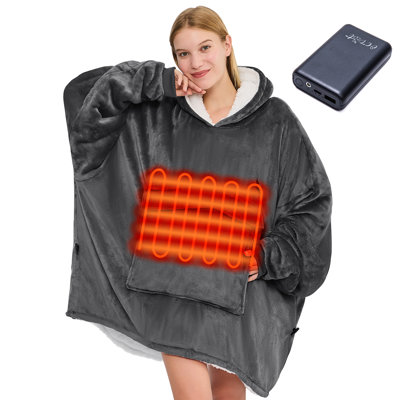 Battery Operated Heated Wearable Blanket Hoodie - Oversized Sherpa Fleece with Giant Pocket, Hood & Sleeves, Gift for Women & Adults