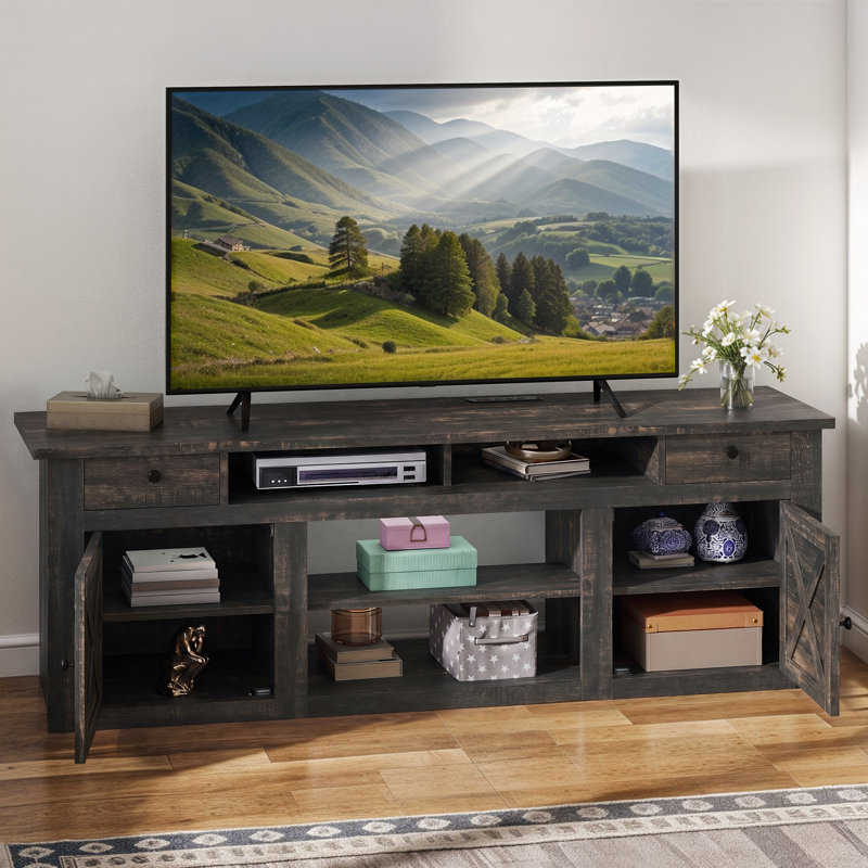 70"W Farmhouse TV Stand for TVs up to 80" with Power Outlet, Dark Rustic Oak, 30" H x 70" W x 15.5" D