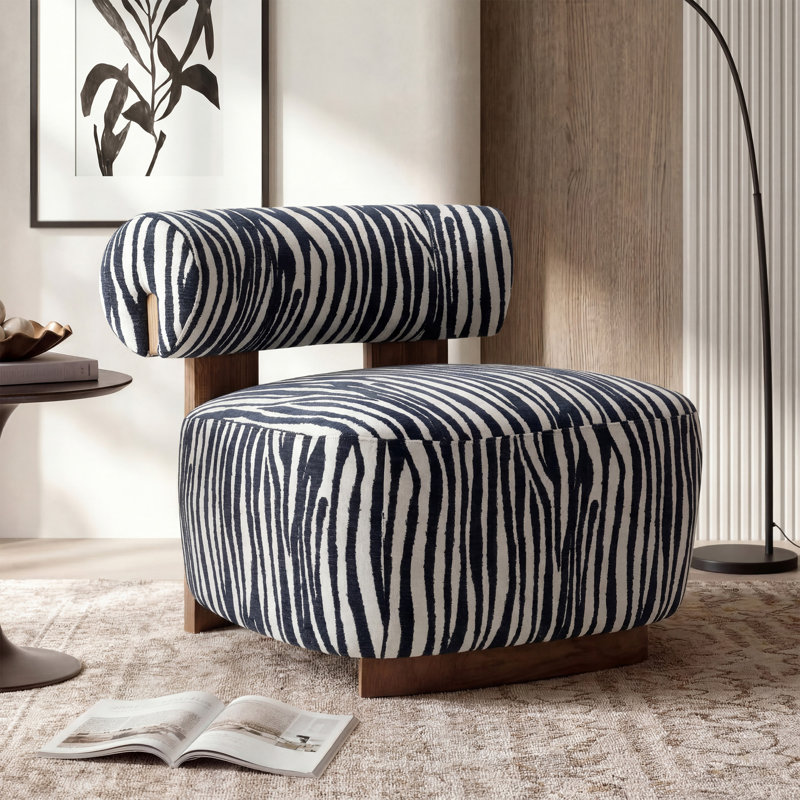  Chaise d'appoint moderne en chenille avec rayures zébrées, dossier cylindrique pour le salon, bleu, Bleu