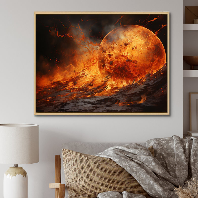 Planète Io Fiery II sur toile, Cadre naturel flottant, H 34 po x l 44 po x P 1,5 po