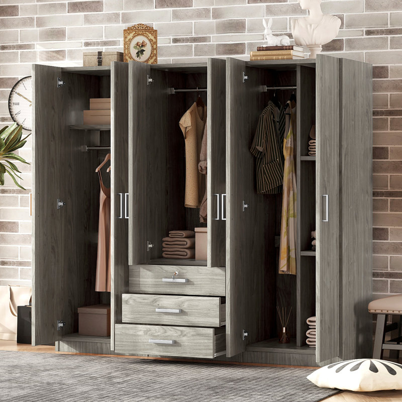 Rangement à 6 portes pour garde-robe en bois avec grands tiroirs, finition grise