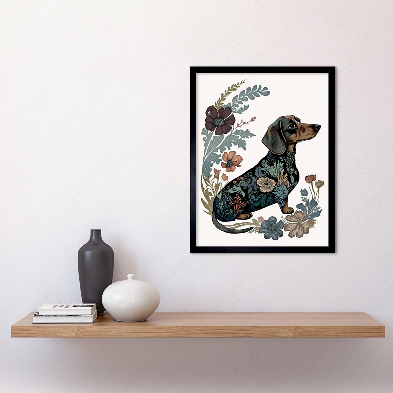 Dachshund Shorthaired Dog With Floral Patterns Colourful Modern - Single Picture Frame Print