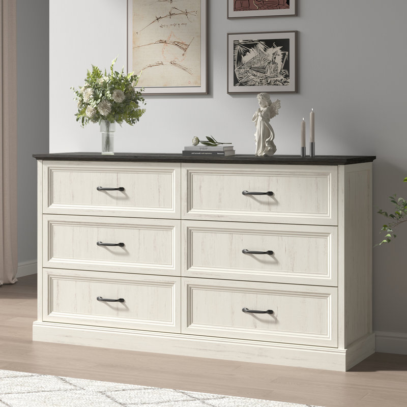 Commode 6 tiroirs pour chambre à coucher l 55 po, Blanc / Brun
