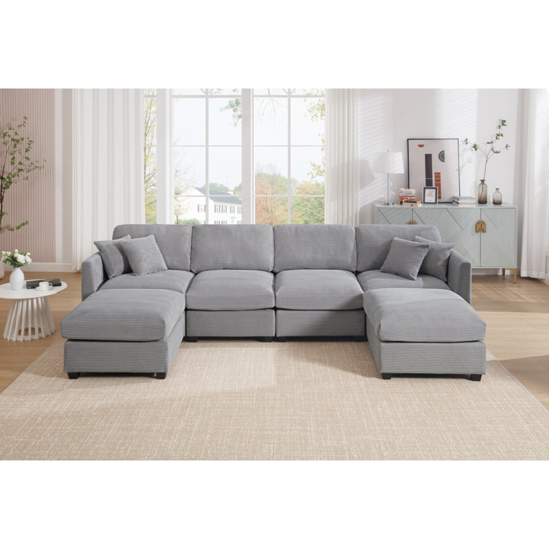 Bustamante Modern Corduroy 6-Seater U-Shaped Modular Sectional Sofa With Reversible Chaise, Light Gray