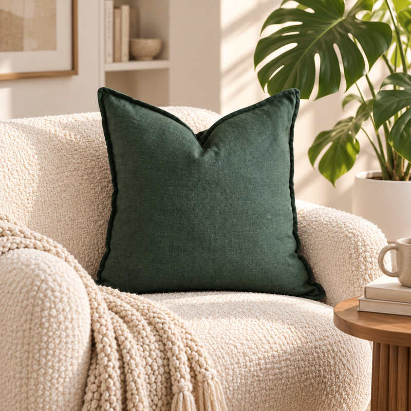 Dark Green 100% Linen Pillow Cover with 3-Button Back Closure, 20"H x 20"W
