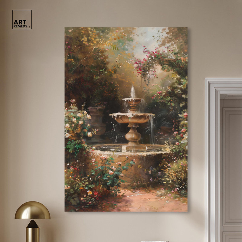 Fontaine d'art perdue avec art rétro, H 36 po x l 54 po, Toile tendue avec châssis