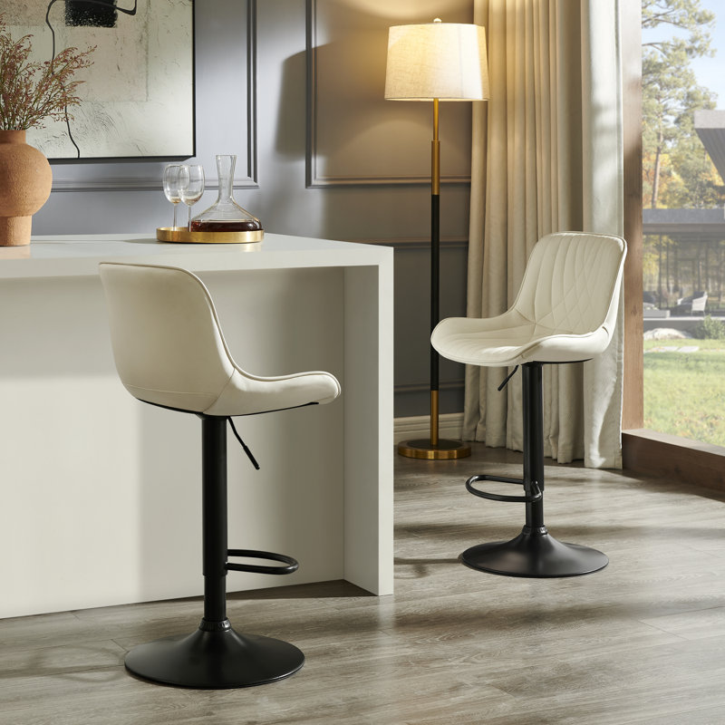 Roundhill Furniture Kovyn Contemporary Adjustable Barstool With Faux Leather Swivel Seats, Set Of 2, Ivory, Ivory