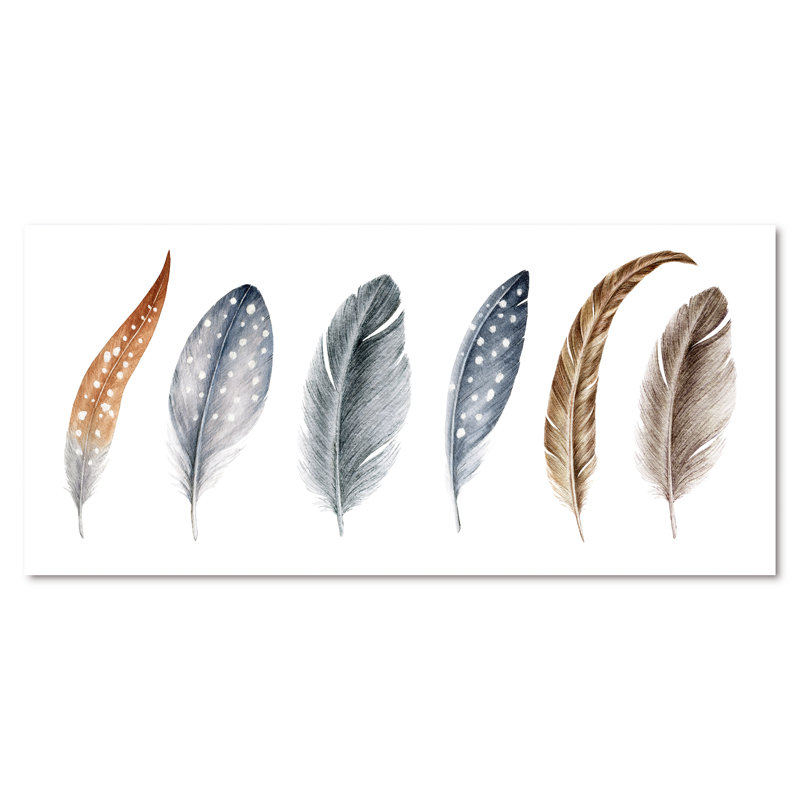 «Grey Boho Polka Dot Feathers I», peinture sur toile, H 28 po x l 60 po x P 1,5 po, Toile tendue