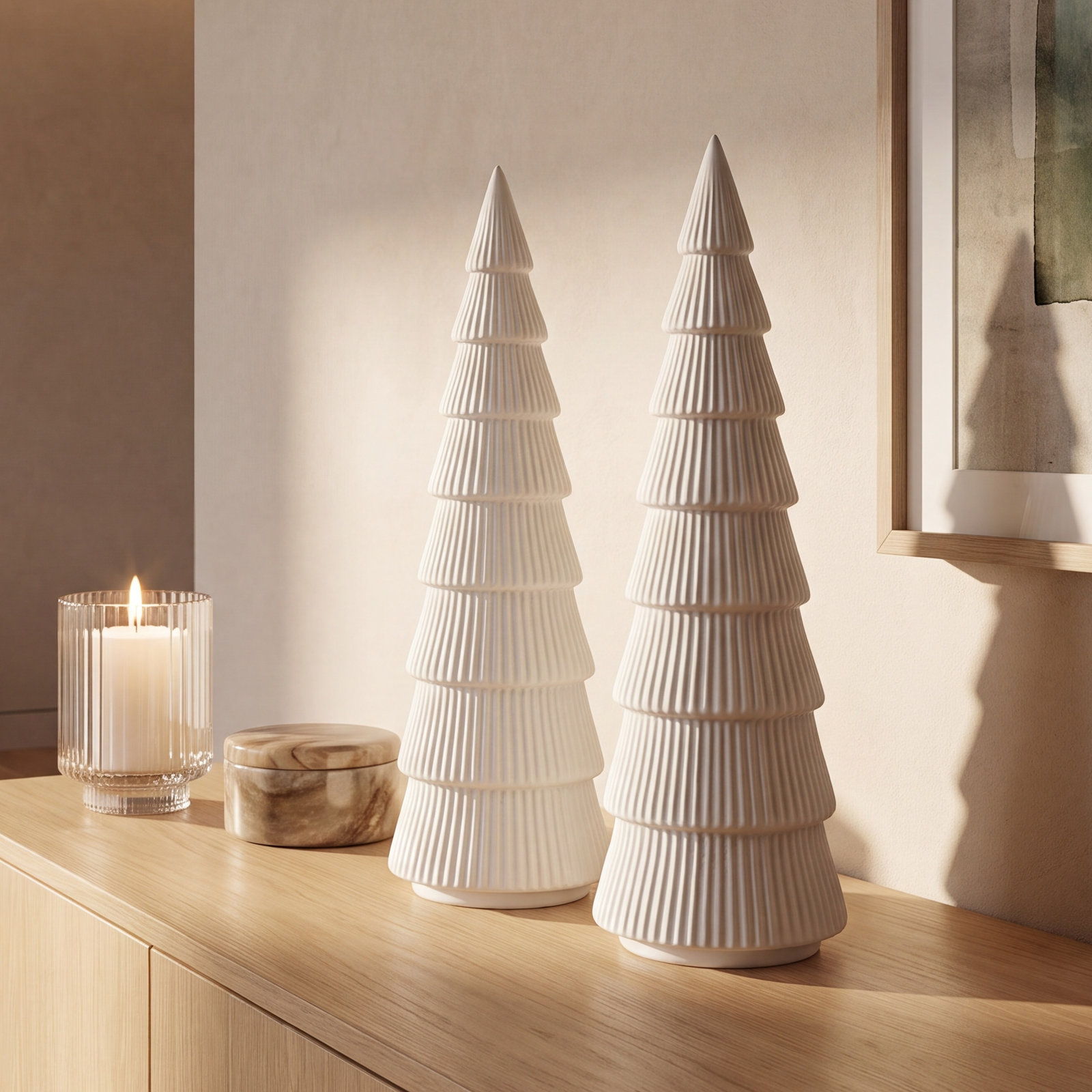 2-Piece Glazed Ceramic Tabletop Tree Set, 12" H x 4" W x 4" D, White