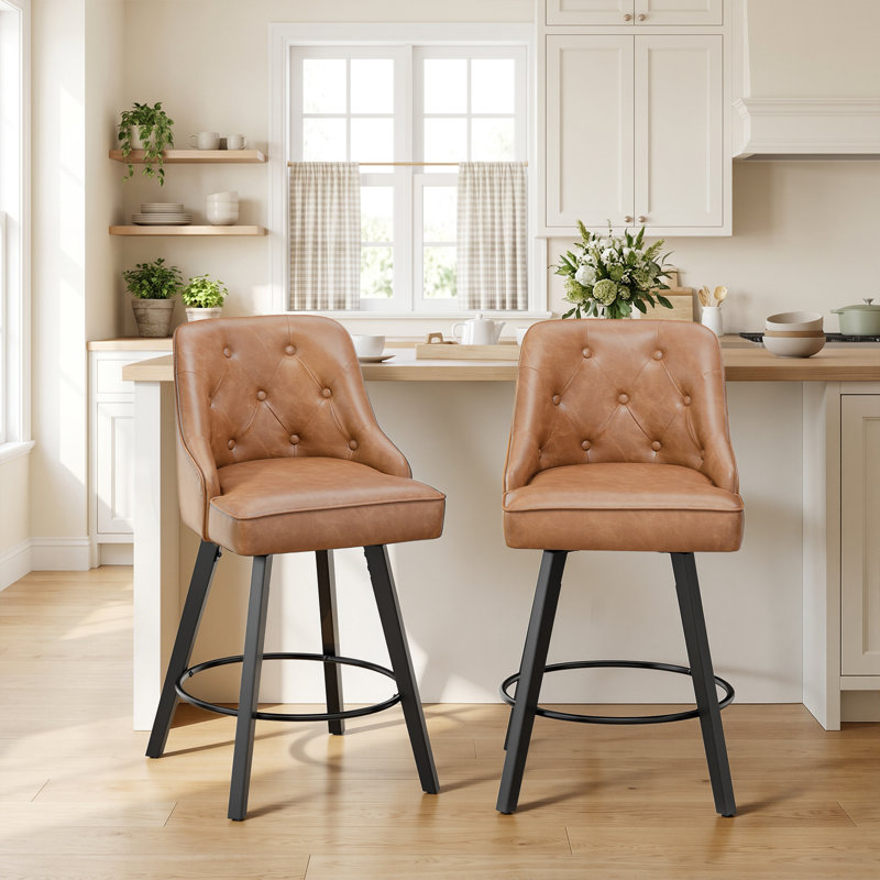PU Leather Elegant 360° Swivel Bar Stool Stylish Design With Plush Cushion & Sturdy Build, Brown, 2