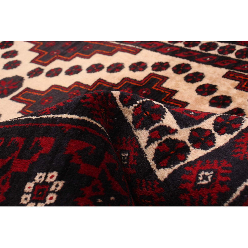 Tapis crème / rouge unique de 3 pi 3 po x 5 pi 10 po années 1990