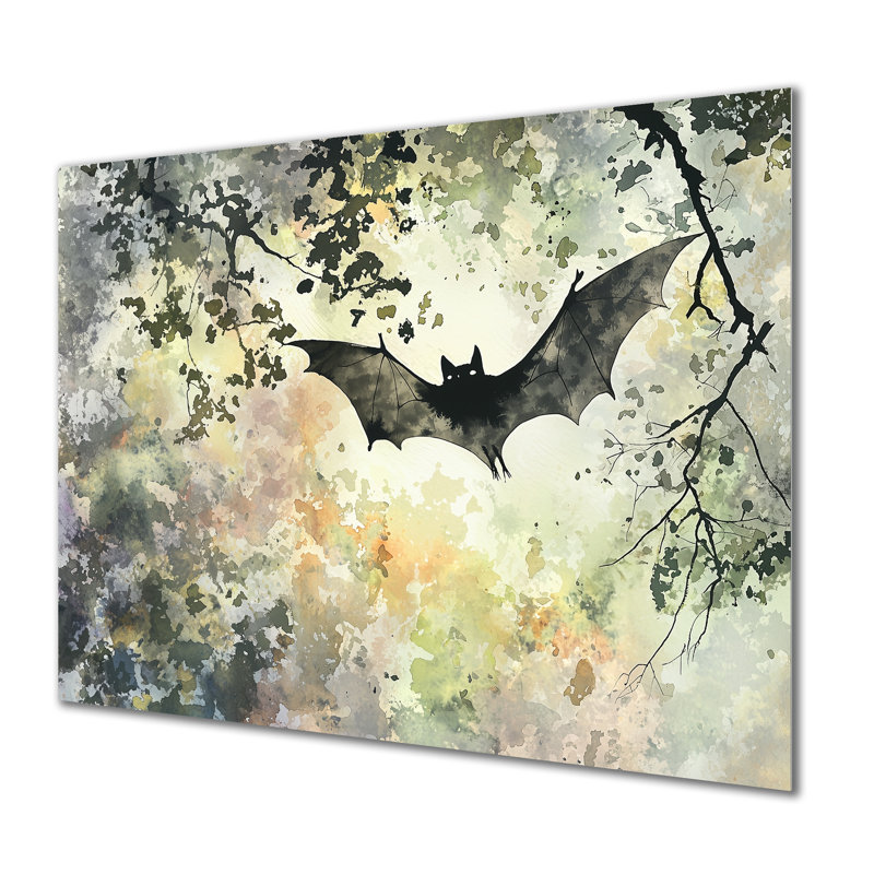 Silhouette ailée de chauve-souris dans le noir I - Animaux, reproduction métallique, H 24 po x l 32 po