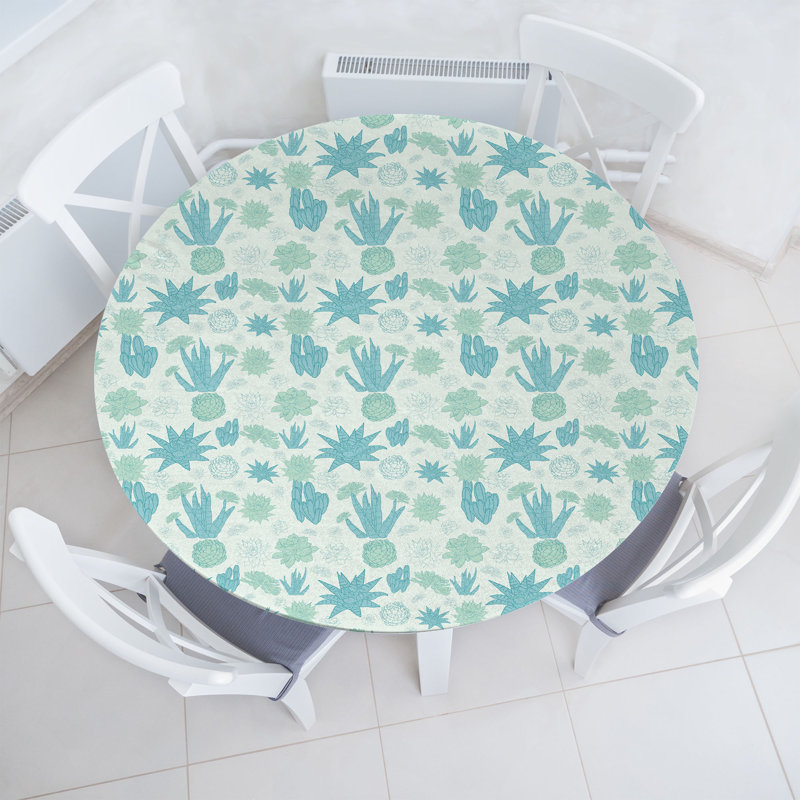 Winston Porter Succulent Fitted Round Tablecloth Diameter Mint Green Cadet Blue 122166, 51.97" Round