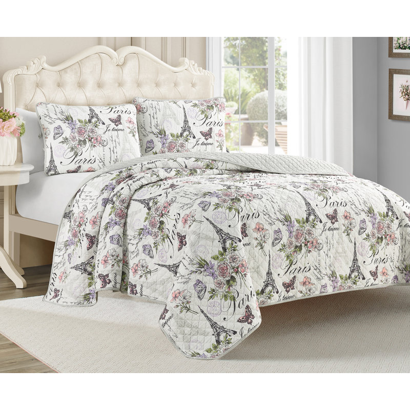 Paris Floral Gray Cotton Full Reversible Quilt Set