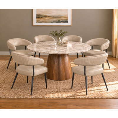 Petra 54'' Beige Marble Top Dining Table with 6 Leather Chairs