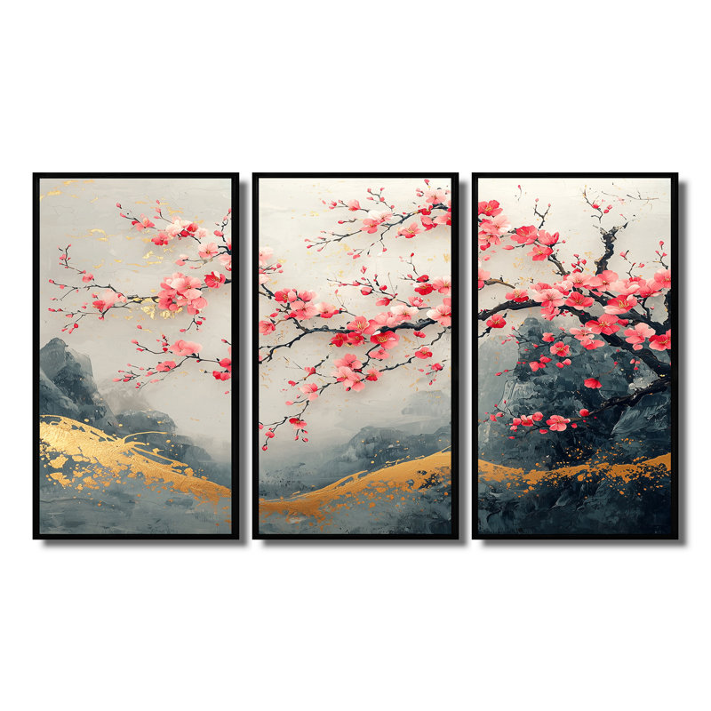 Paysage de cerisier rose du Japon, paysage II, Toile avec cadre flottant noir, H 40 po x l 60 po x P 1 po