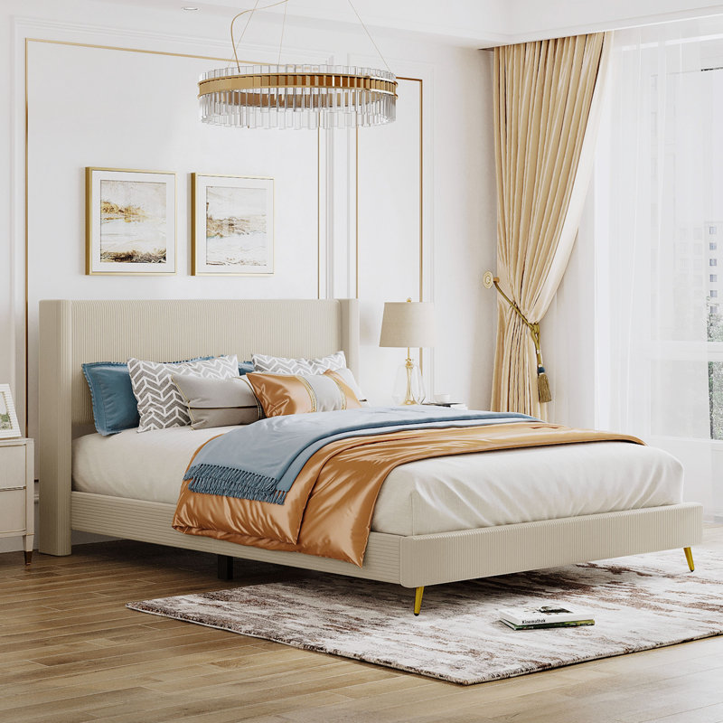 Queen Size Corduroy Platform Bed With Headboard, Beige