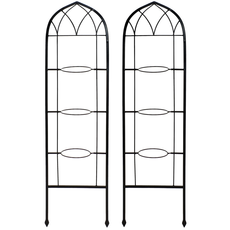 Black Steel Arched Garden Trellis with Flowerpot Supports, Set of 2