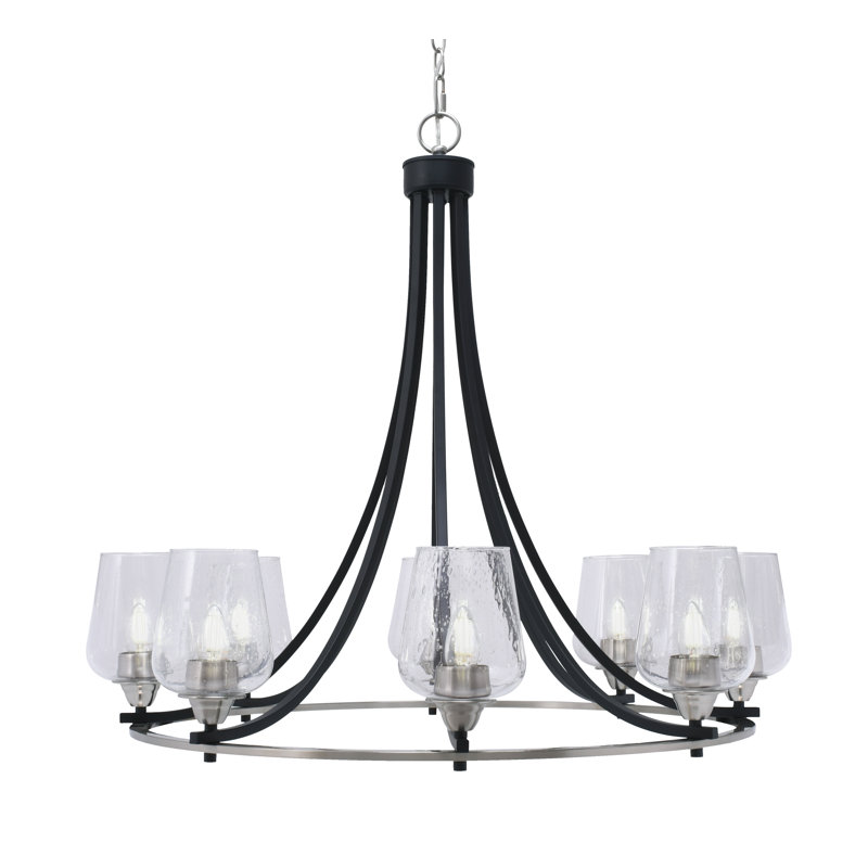 Lustre 8 lumières avec verre à bulles 5 "Paramount, Grainé transparent, Noir mat/nickel brossé