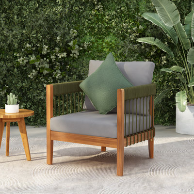  Acacia Wood Outdoor Club Chair with Handwoven Rope Accents, Water-Resistant Cushions, Green&Natural+Gray