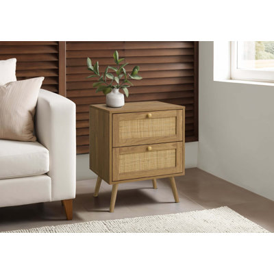 Table d'appoint moderne en noyer stratifié avec deux tiroirs de rangement, des accents en rotin et des pieds en bois massif pour le salon, la chambre à coucher ou l'utilisation finale.