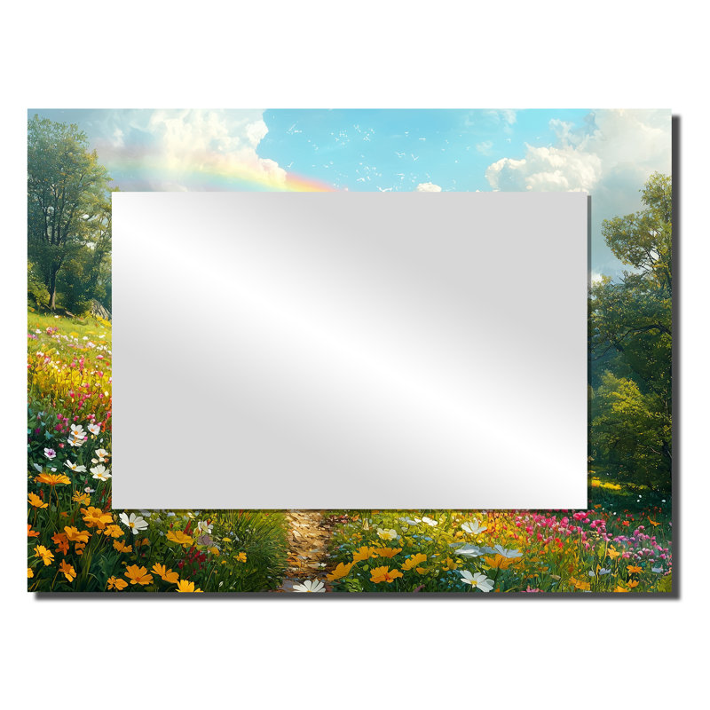 Arc-en-ciel au-dessus de la prairie au printemps II - décor mural miroir de paysages - imprimé sur métal, 24 po x 32 po