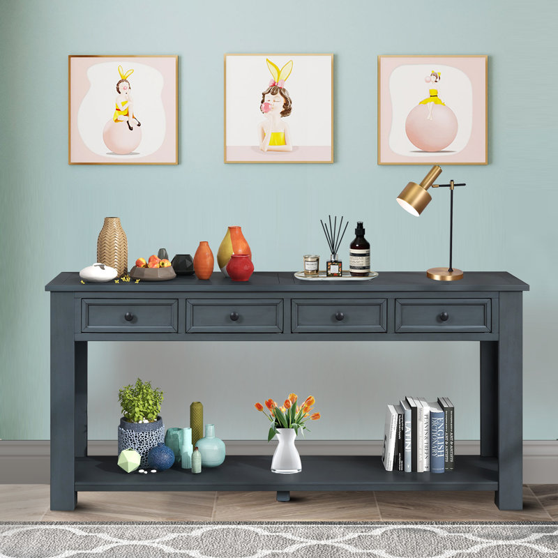 Console en bois avec tiroirs et tablette inférieure Ameah, Bleu marine