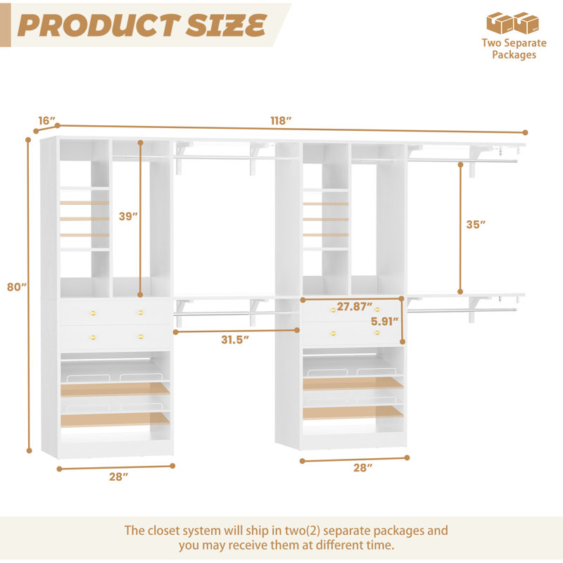 Welles 117.8" Closet System with Wood Drawers, Shoe Racks, Hanging Rods, White