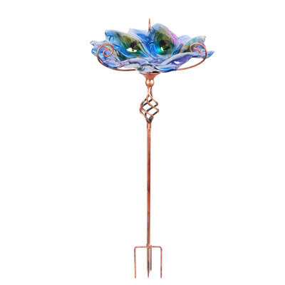 Peacock Feather Glass Bird Bath With Metal Stake – Colorful Outdoor Bird Feeder & Garden Decor For Patio, Lawn & Yard